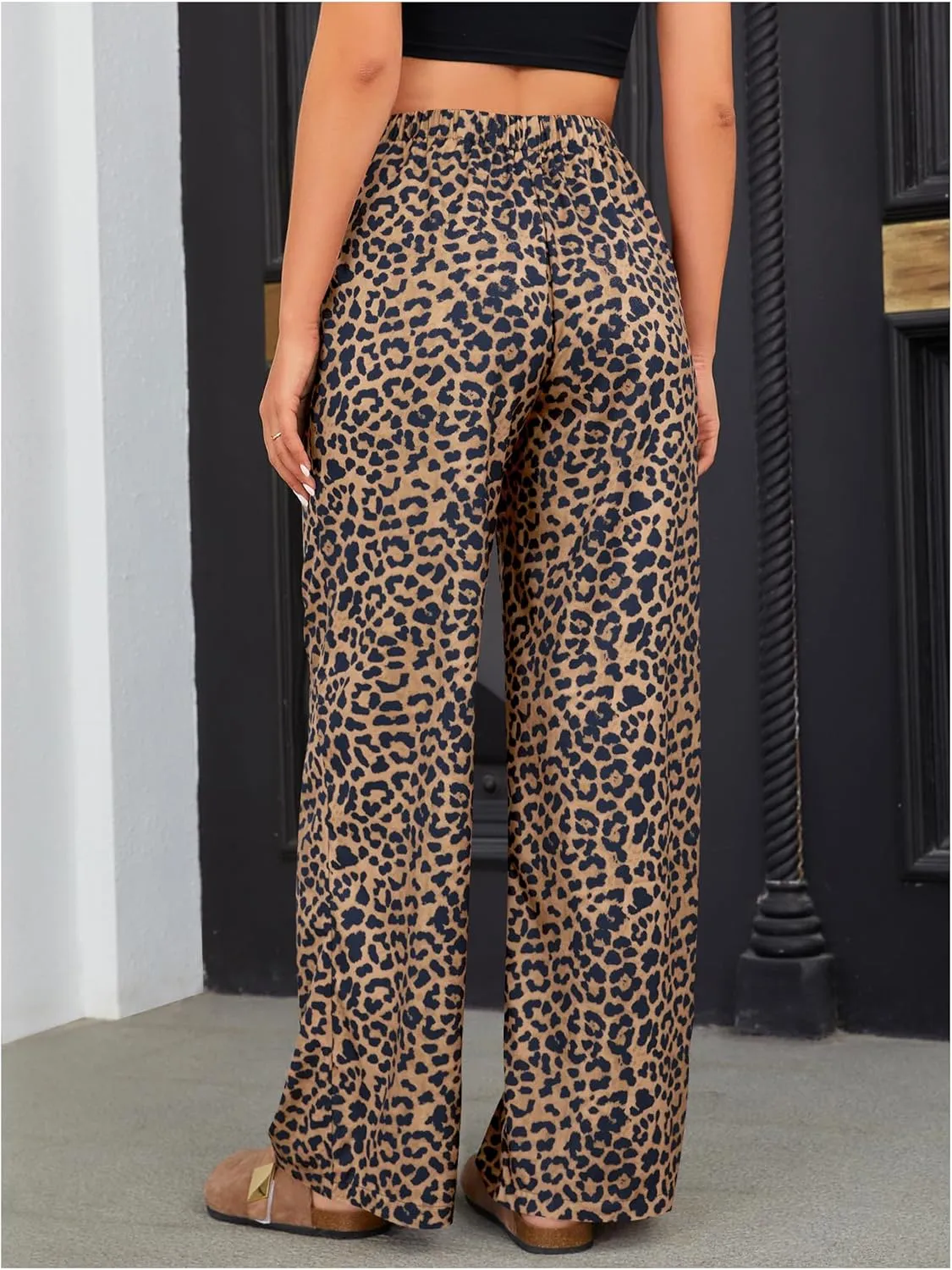 OYOANGLE Women's Leopard Print Elastic High Waist Long Pants Wide Leg Loose Trousers with Pockets