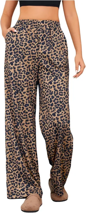 OYOANGLE Women's Leopard Print Elastic High Waist Long Pants Wide Leg Loose Trousers with Pockets