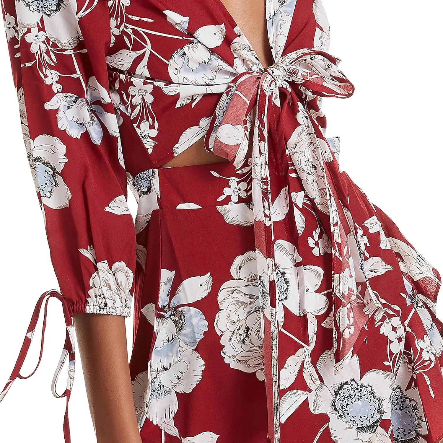 Pantete Womens Summer Floral Short Dress Casual 3/4 Sleeve Tie Dress Ruffle Mini Dress V Neck