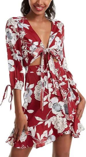 Pantete Womens Summer Floral Short Dress Casual 3/4 Sleeve Tie Dress Ruffle Mini Dress V Neck