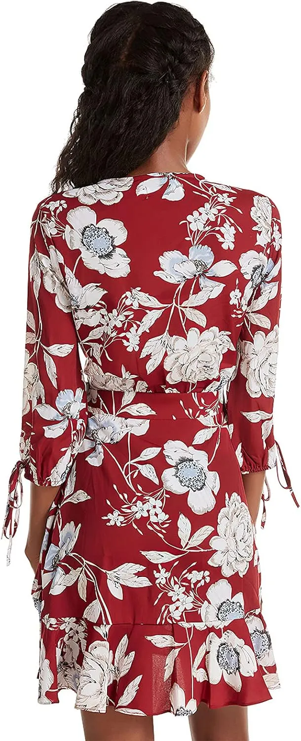 Pantete Womens Summer Floral Short Dress Casual 3/4 Sleeve Tie Dress Ruffle Mini Dress V Neck