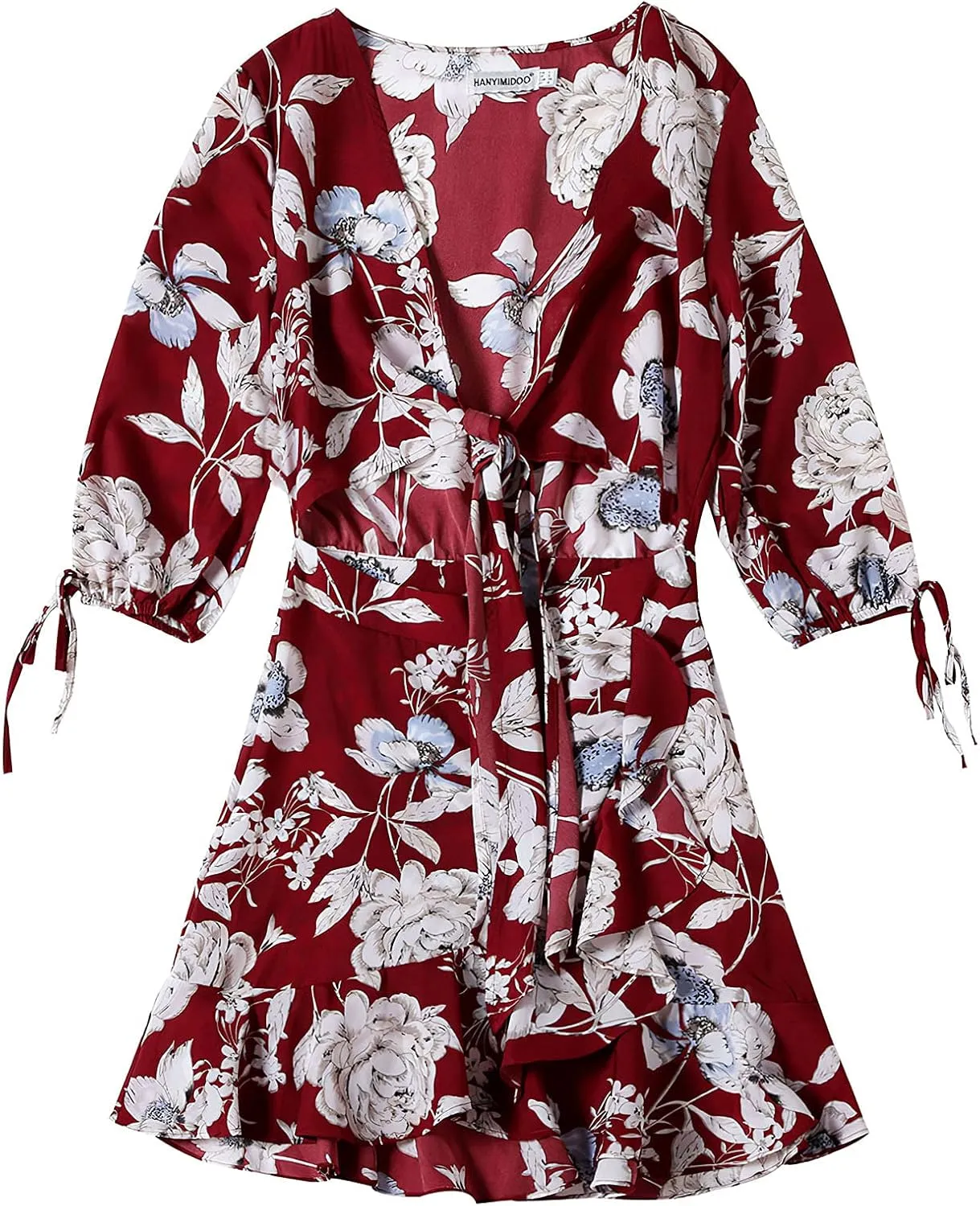 Pantete Womens Summer Floral Short Dress Casual 3/4 Sleeve Tie Dress Ruffle Mini Dress V Neck