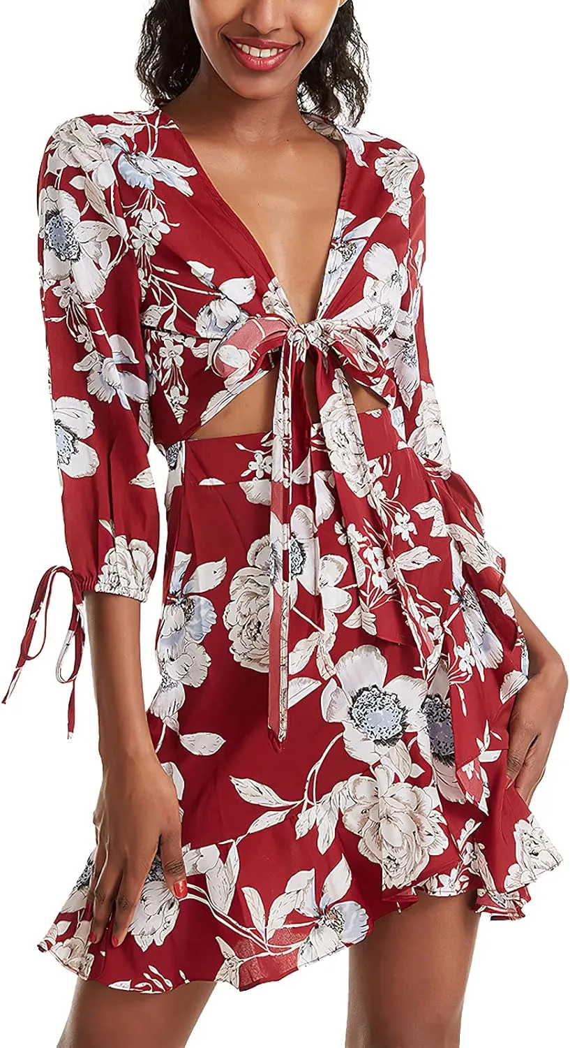 Pantete Womens Summer Floral Short Dress Casual 3/4 Sleeve Tie Dress Ruffle Mini Dress V Neck