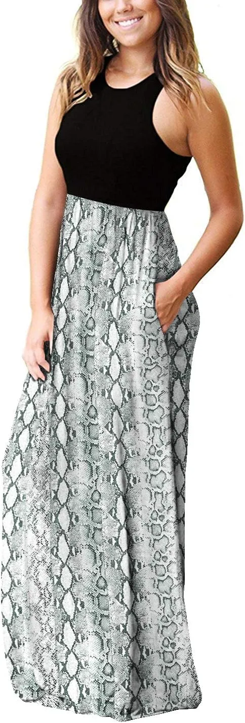 PCEAIIH Women Floral Summer Dress Casual Beach Printed Tank with Pockets Pleated Front Long Dresses