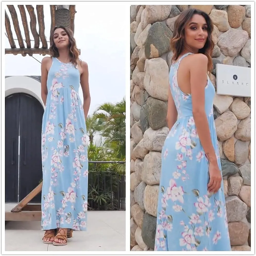 PCEAIIH Women Floral Summer Dress Casual Beach Printed Tank with Pockets Pleated Front Long Dresses