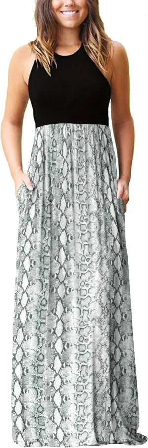 PCEAIIH Women Floral Summer Dress Casual Beach Printed Tank with Pockets Pleated Front Long Dresses