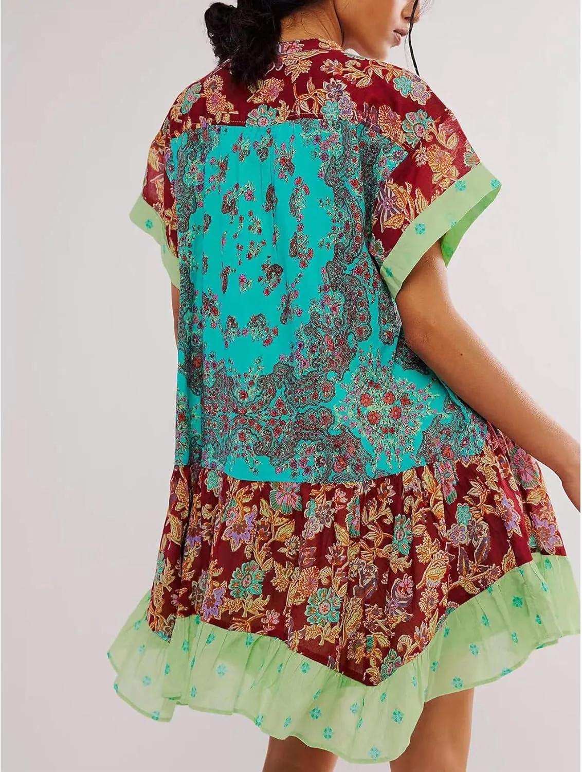 Perbai Women's Boho Summer Dresses Casual Deep V Neck Short Sleeve Mini Beach Dress Floral Ruffle Flowy Short Sundress