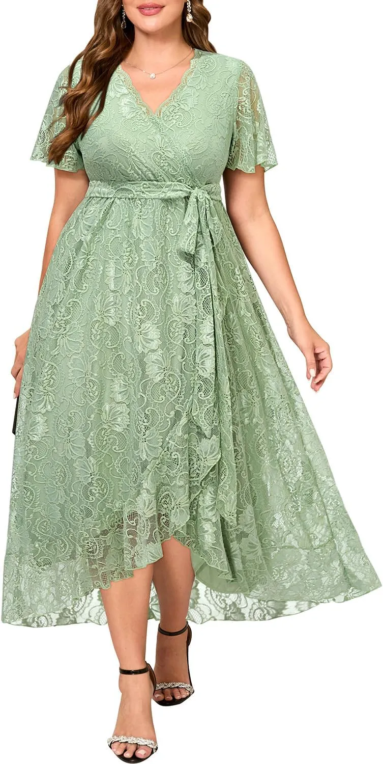 Plus Size Dresses Wedding Guest - Formal Cocktail Party Long Lace High Low Wrap V Neck Dress