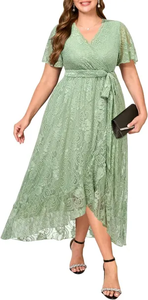 Plus Size Dresses Wedding Guest - Formal Cocktail Party Long Lace High Low Wrap V Neck Dress