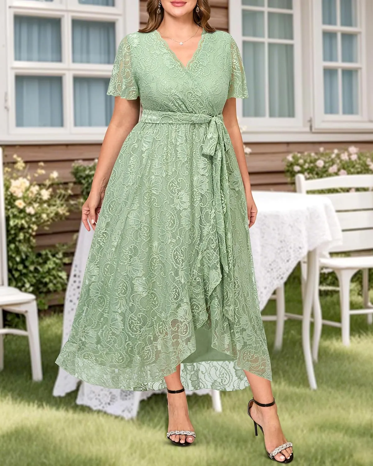 Plus Size Dresses Wedding Guest - Formal Cocktail Party Long Lace High Low Wrap V Neck Dress