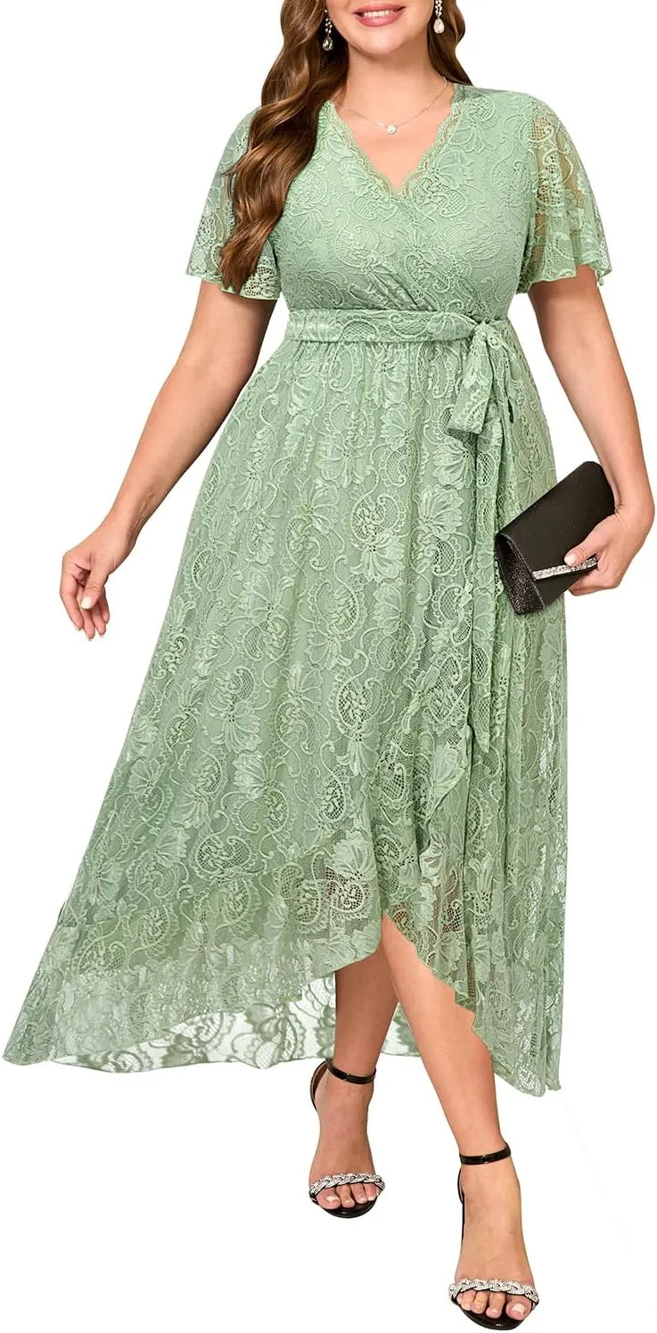 Plus Size Dresses Wedding Guest - Formal Cocktail Party Long Lace High Low Wrap V Neck Dress