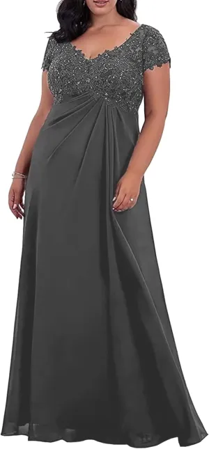 Plus Size Mother of The Bride Dresses for Wedding Short Sleeve Applique Formal Dress for Wedding Guest