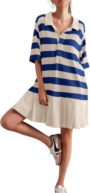 Polo Dresses for Women Summer Pleated Patchwork Striped V Neck Short Sleeve Flowy A Line T Shirt Dress