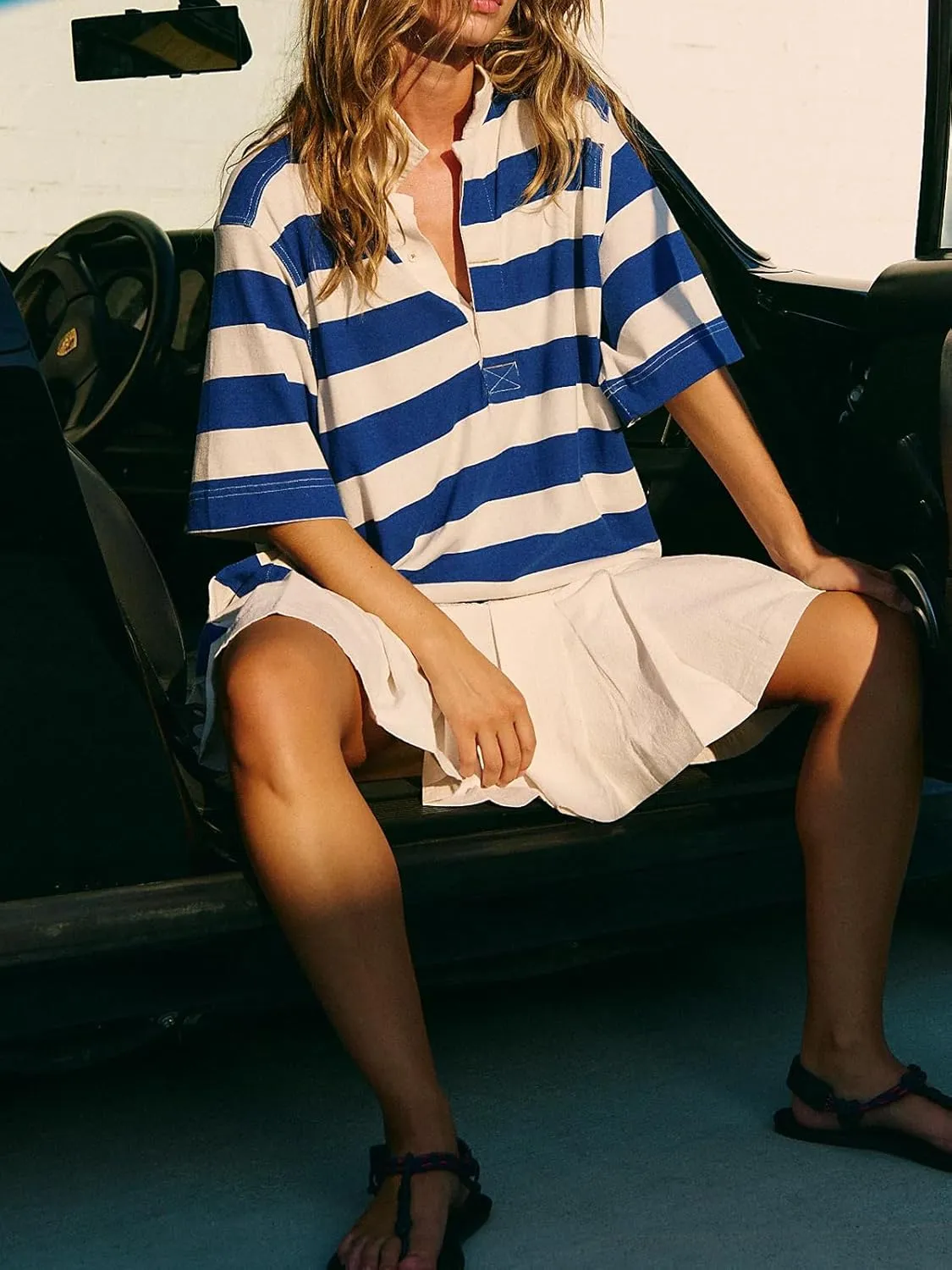 Polo Dresses for Women Summer Pleated Patchwork Striped V Neck Short Sleeve Flowy A Line T Shirt Dress