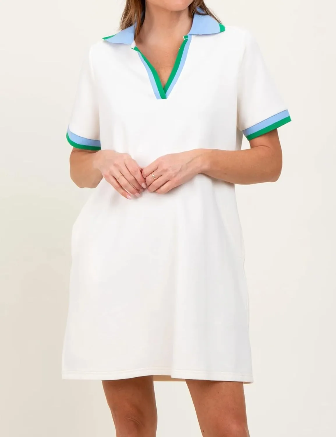 Polo Mini Dress for Women Casual V Neck Short Sleeves Tennis Dress Contrast Trim Shirt Dress with Pockets
