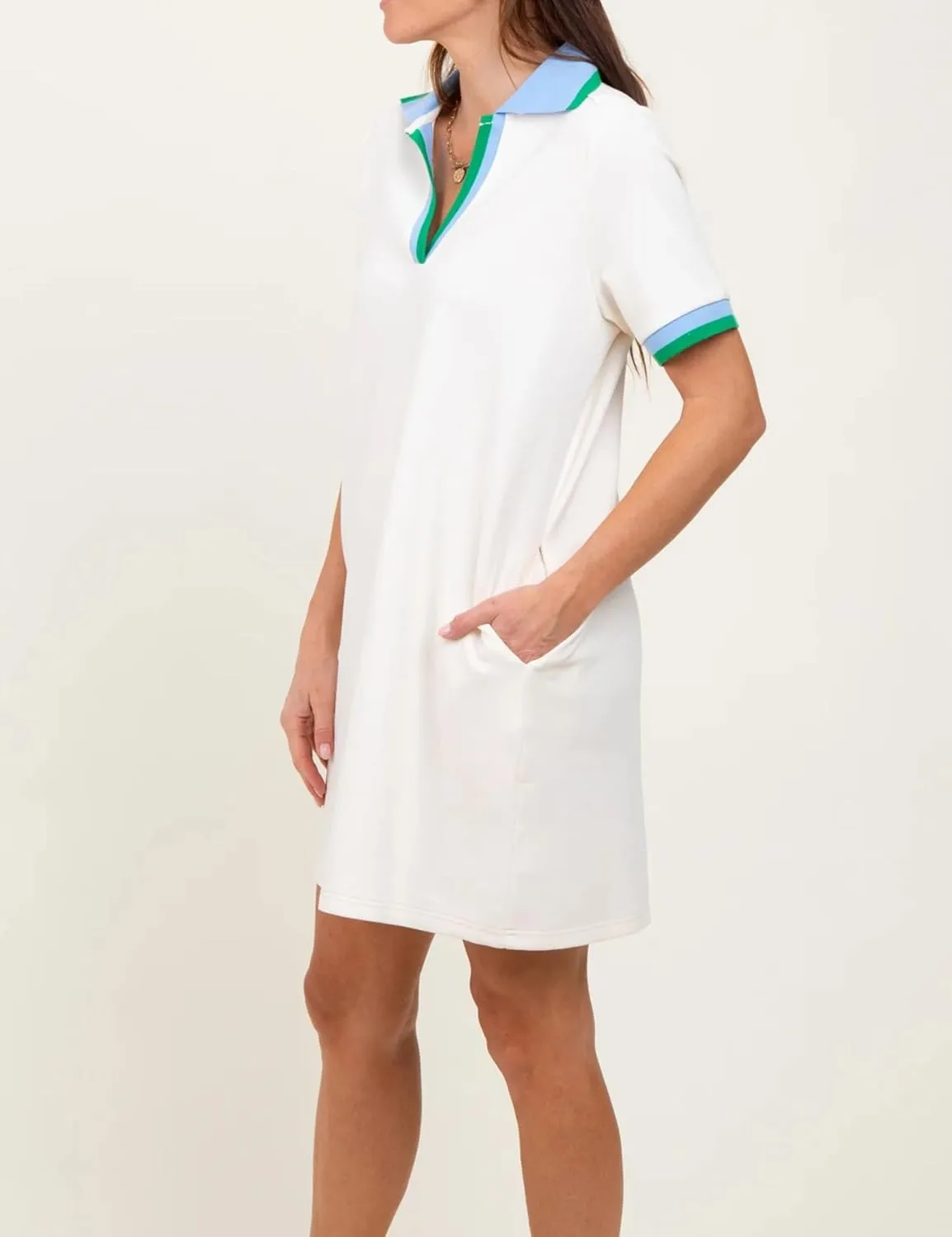 Polo Mini Dress for Women Casual V Neck Short Sleeves Tennis Dress Contrast Trim Shirt Dress with Pockets