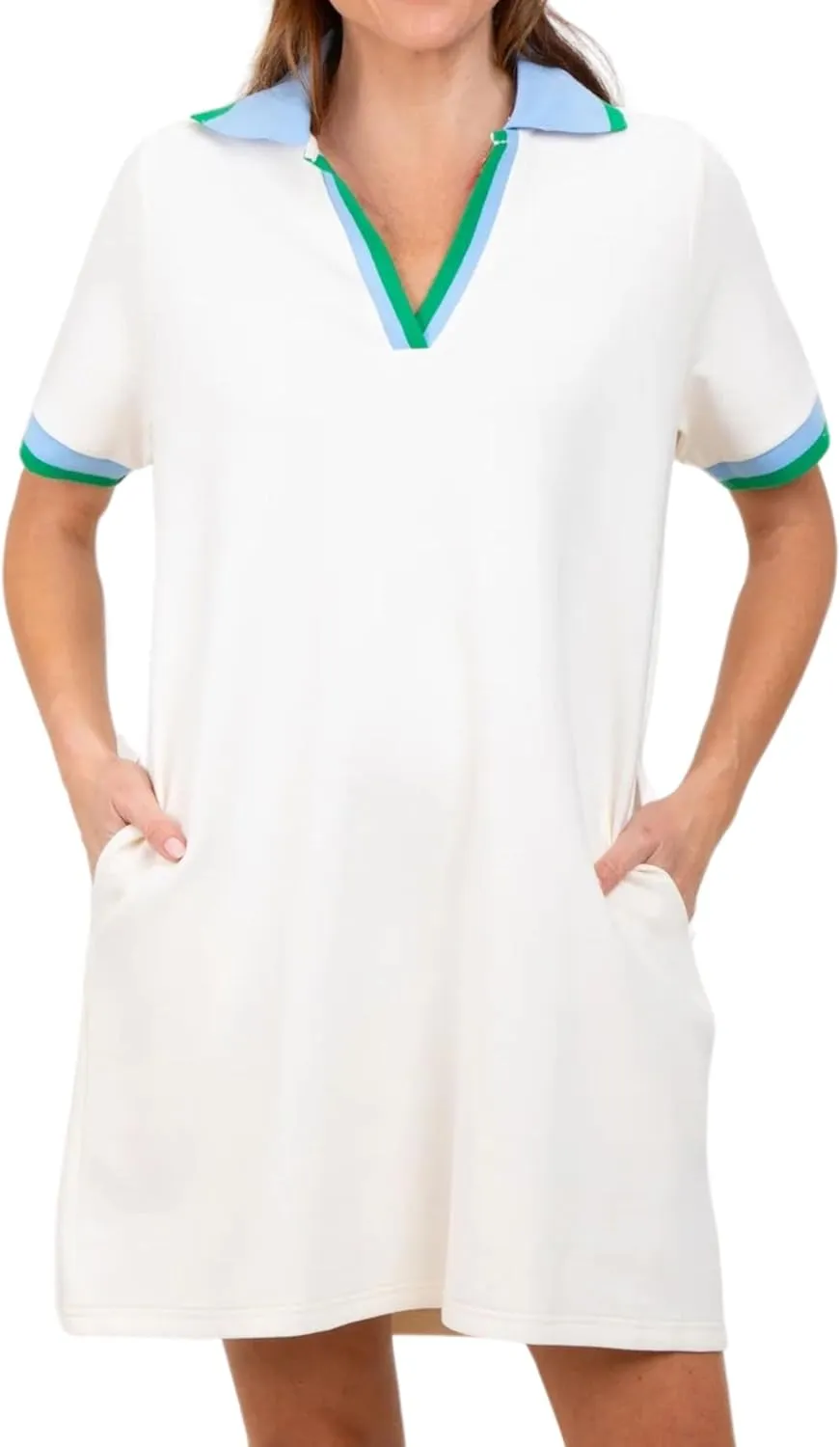 Polo Mini Dress for Women Casual V Neck Short Sleeves Tennis Dress Contrast Trim Shirt Dress with Pockets