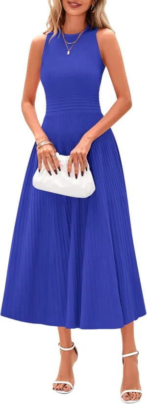 PRETTYGARDEN Spring Casual Dresses for Women 2025 Summer Business Work Midi Sleeveless A Line Pleated Cocktail Dress