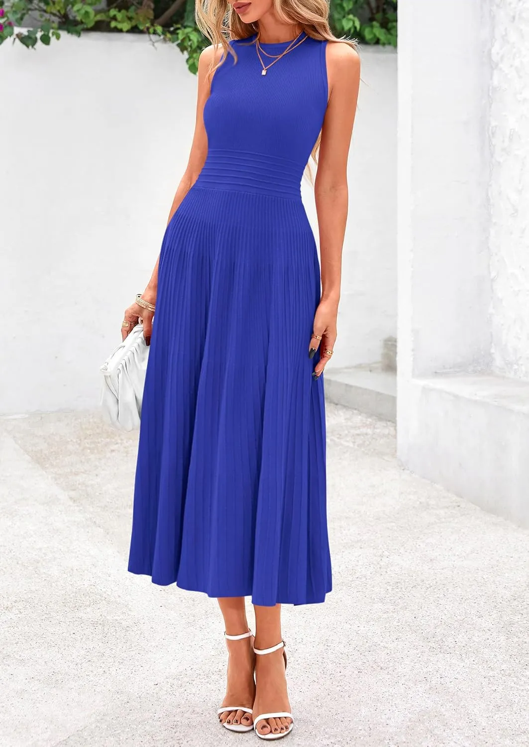 PRETTYGARDEN Spring Casual Dresses for Women 2025 Summer Business Work Midi Sleeveless A Line Pleated Cocktail Dress