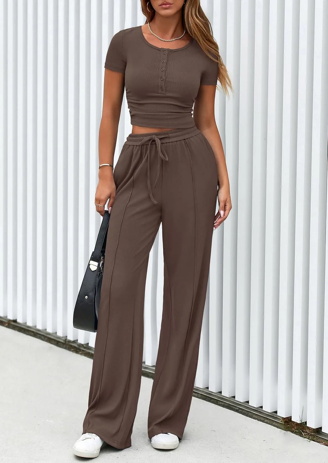 PRETTYGARDEN Womens 2 Piece Outfits 2025 Summer Ribbed Knit Button Short Sleeve Tops Casual Wide Leg Pants Lounge Sets