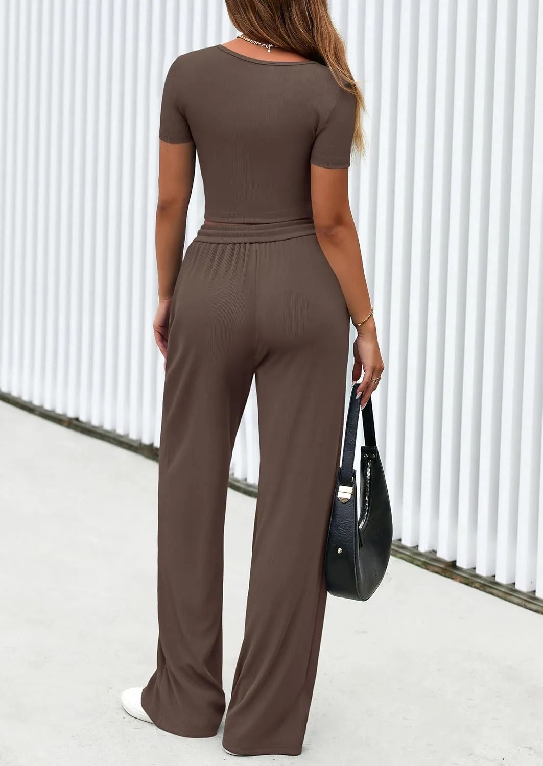 PRETTYGARDEN Womens 2 Piece Outfits 2025 Summer Ribbed Knit Button Short Sleeve Tops Casual Wide Leg Pants Lounge Sets