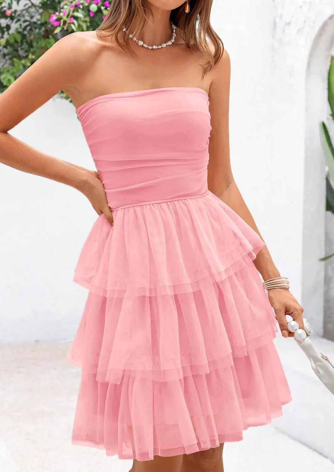 PRETTYGARDEN Womens Tulle Dress Strapless Tube Top Short Dress Summer Ruffle Tiered Beach Sundress Wedding Guest Dresses