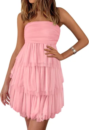 PRETTYGARDEN Womens Tulle Dress Strapless Tube Top Short Dress Summer Ruffle Tiered Beach Sundress Wedding Guest Dresses