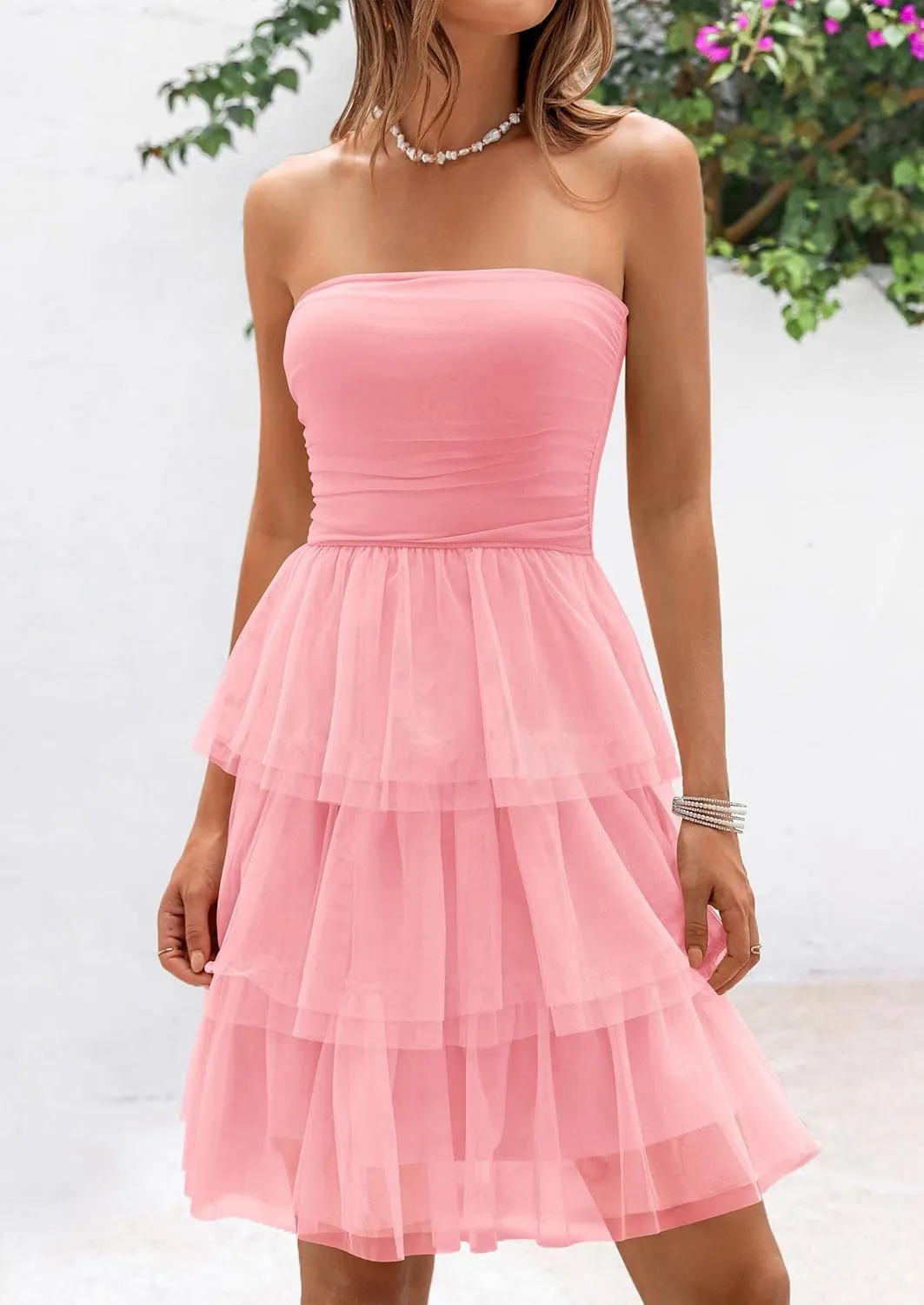 PRETTYGARDEN Womens Tulle Dress Strapless Tube Top Short Dress Summer Ruffle Tiered Beach Sundress Wedding Guest Dresses
