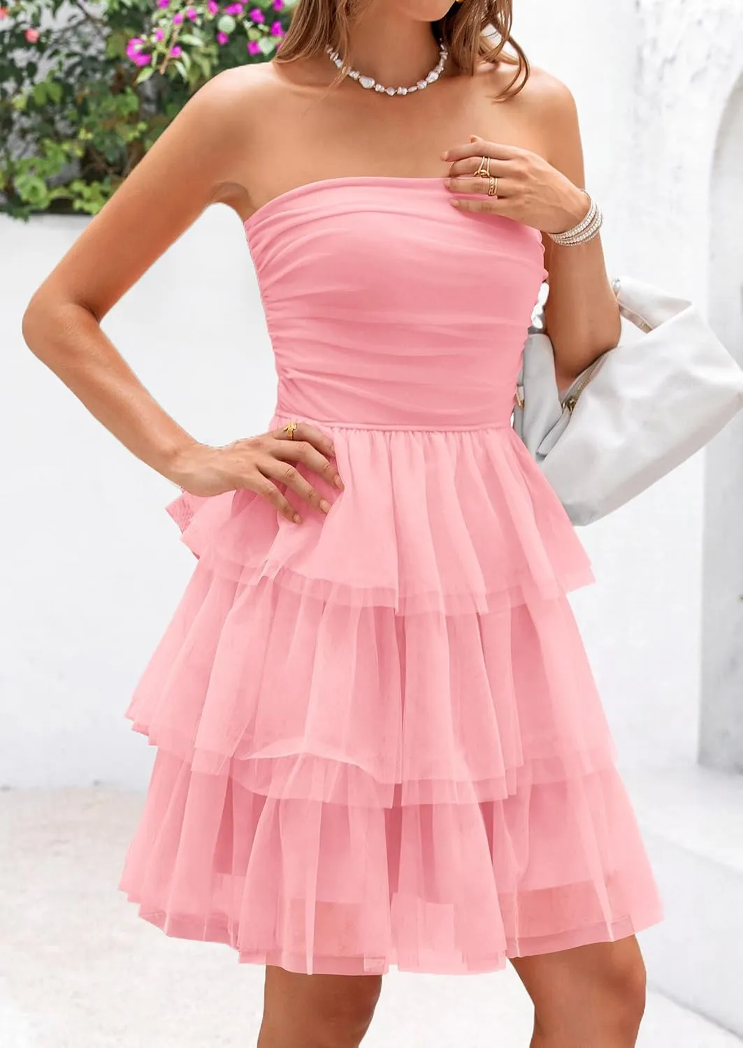 PRETTYGARDEN Womens Tulle Dress Strapless Tube Top Short Dress Summer Ruffle Tiered Beach Sundress Wedding Guest Dresses