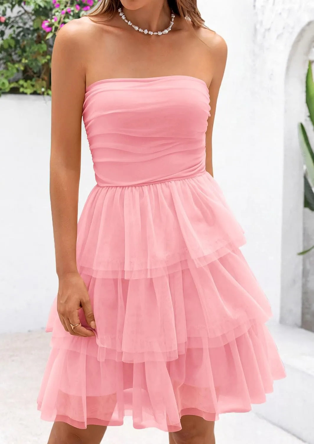 PRETTYGARDEN Womens Tulle Dress Strapless Tube Top Short Dress Summer Ruffle Tiered Beach Sundress Wedding Guest Dresses