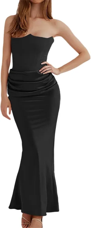 PTOLOCIF Party Dresses for Women Guest Cocktail Dress Fishbone Sexy Slim Fishtail Skirt Long Solid Color Dress Formal Dresses