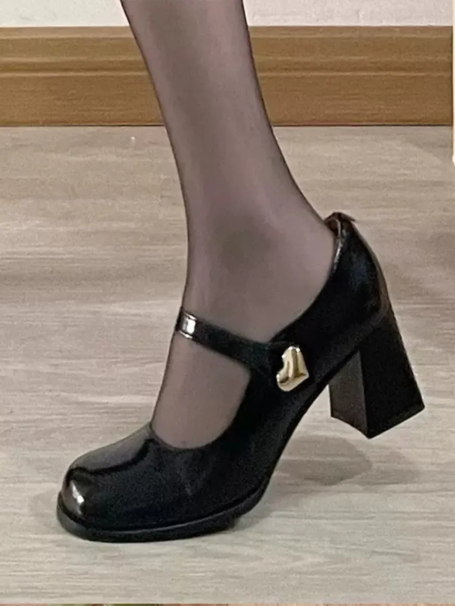 PU Leather Chunky Heeled Ankle Strap Mary Jane Pumps Shoes