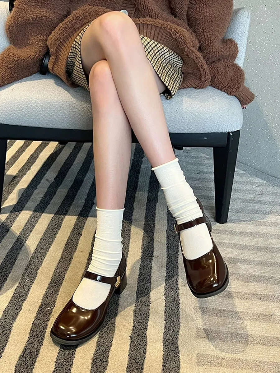 PU Leather Chunky Heeled Ankle Strap Mary Jane Pumps Shoes