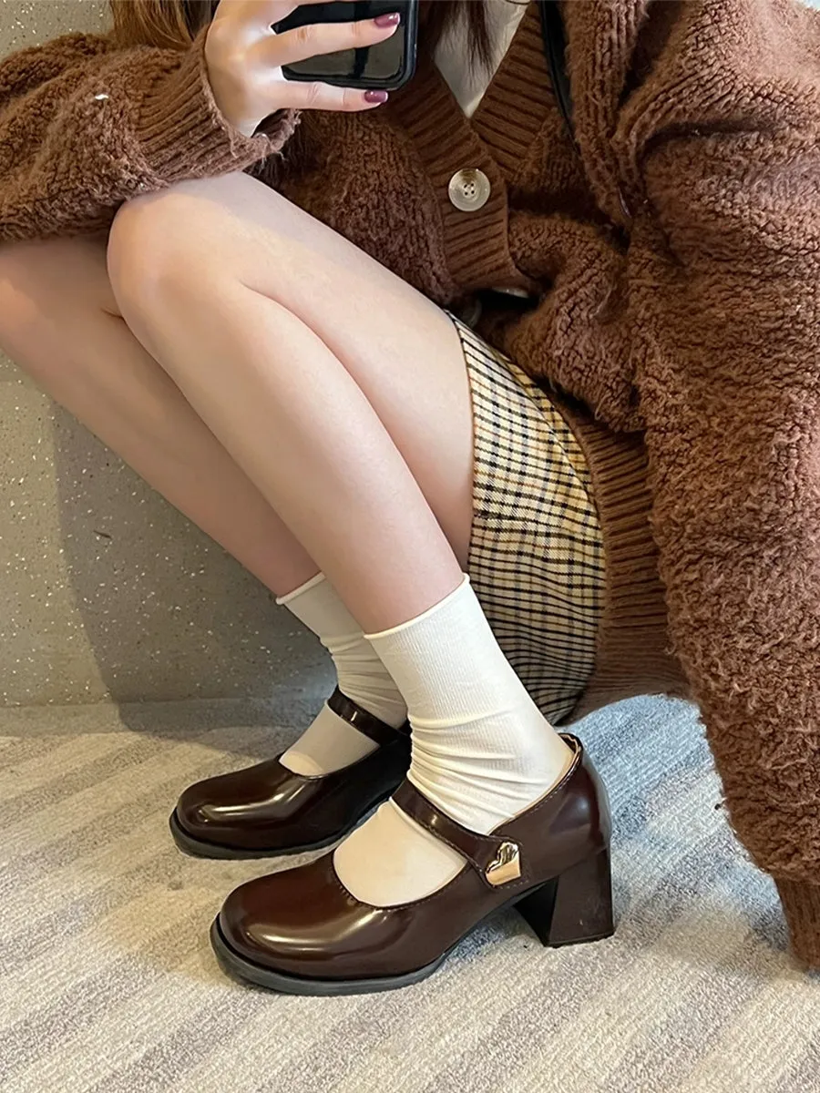 PU Leather Chunky Heeled Ankle Strap Mary Jane Pumps Shoes