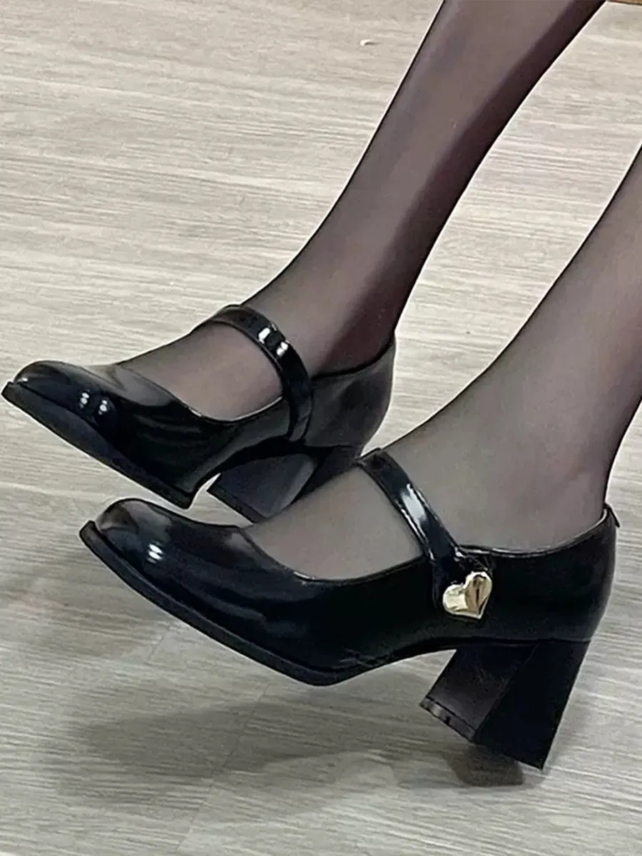 PU Leather Chunky Heeled Ankle Strap Mary Jane Pumps Shoes