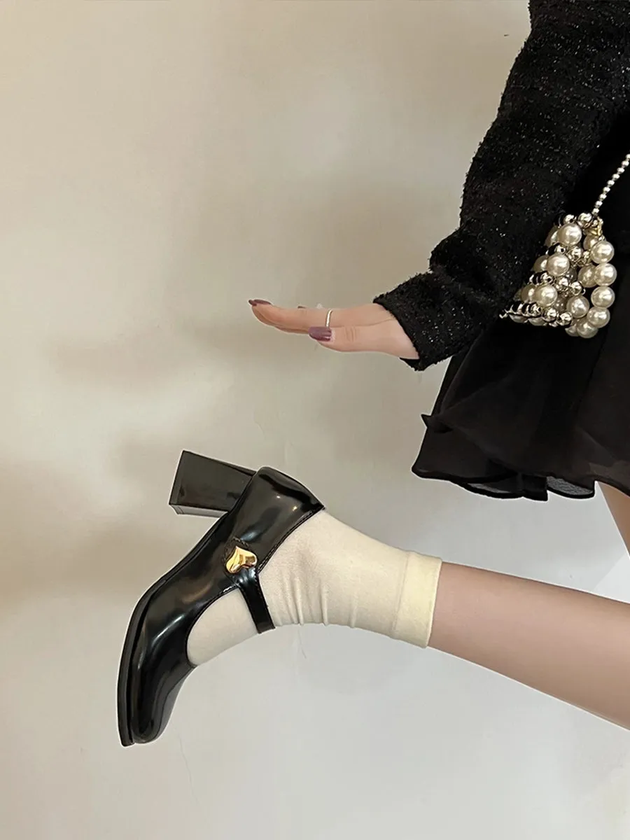 PU Leather Chunky Heeled Ankle Strap Mary Jane Pumps Shoes