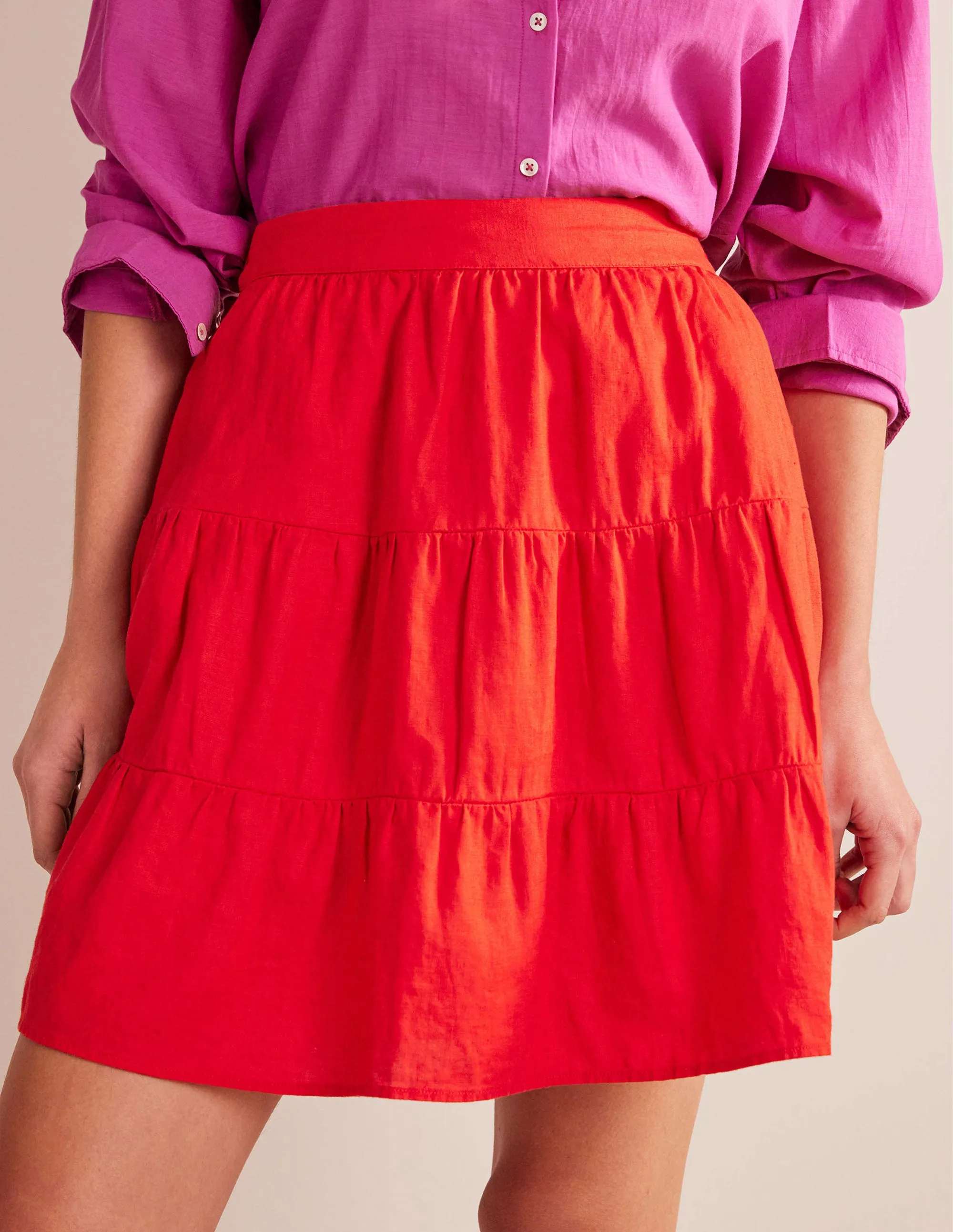 Pull On Tiered Linen Skirt-Vermillion Red