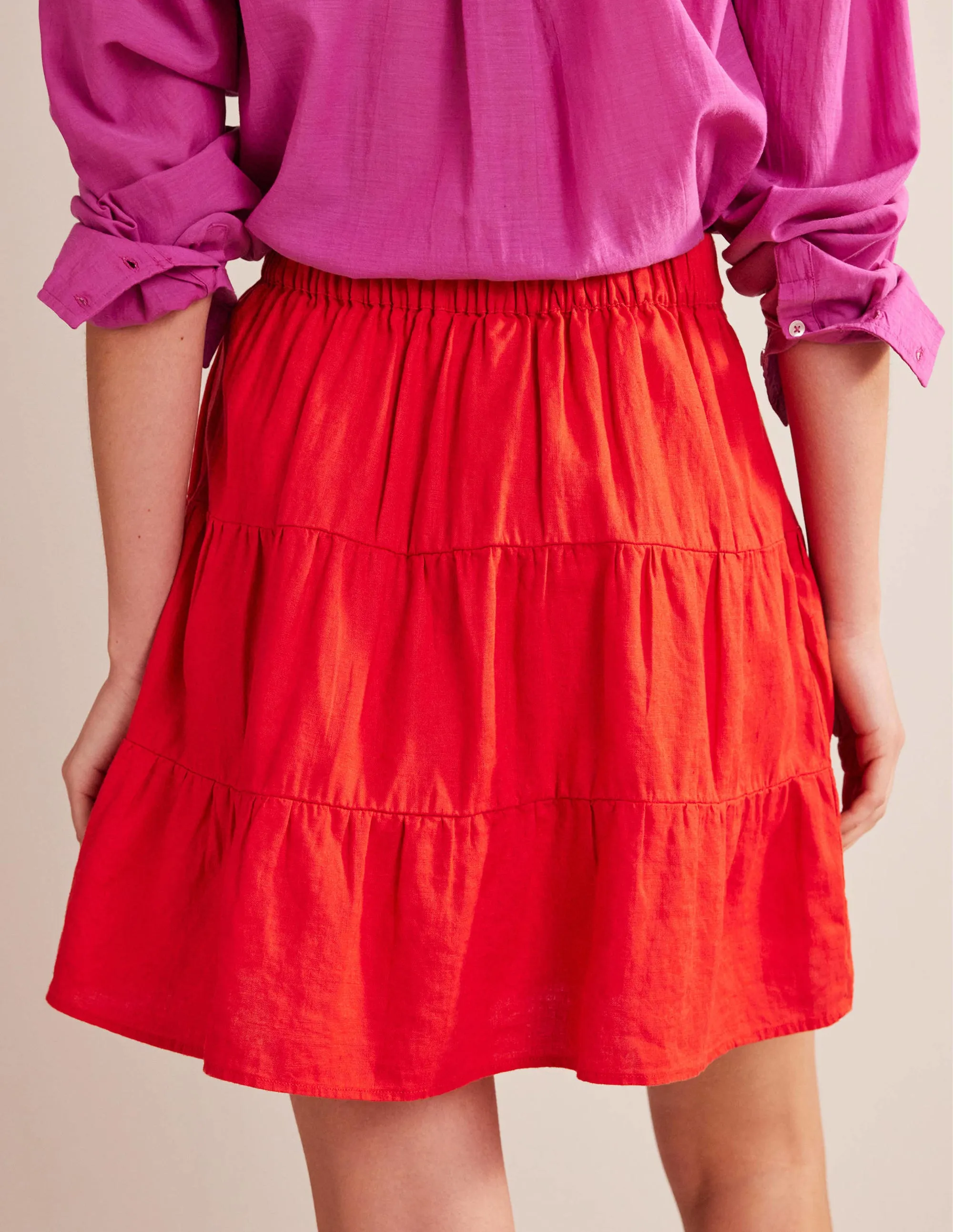 Pull On Tiered Linen Skirt-Vermillion Red