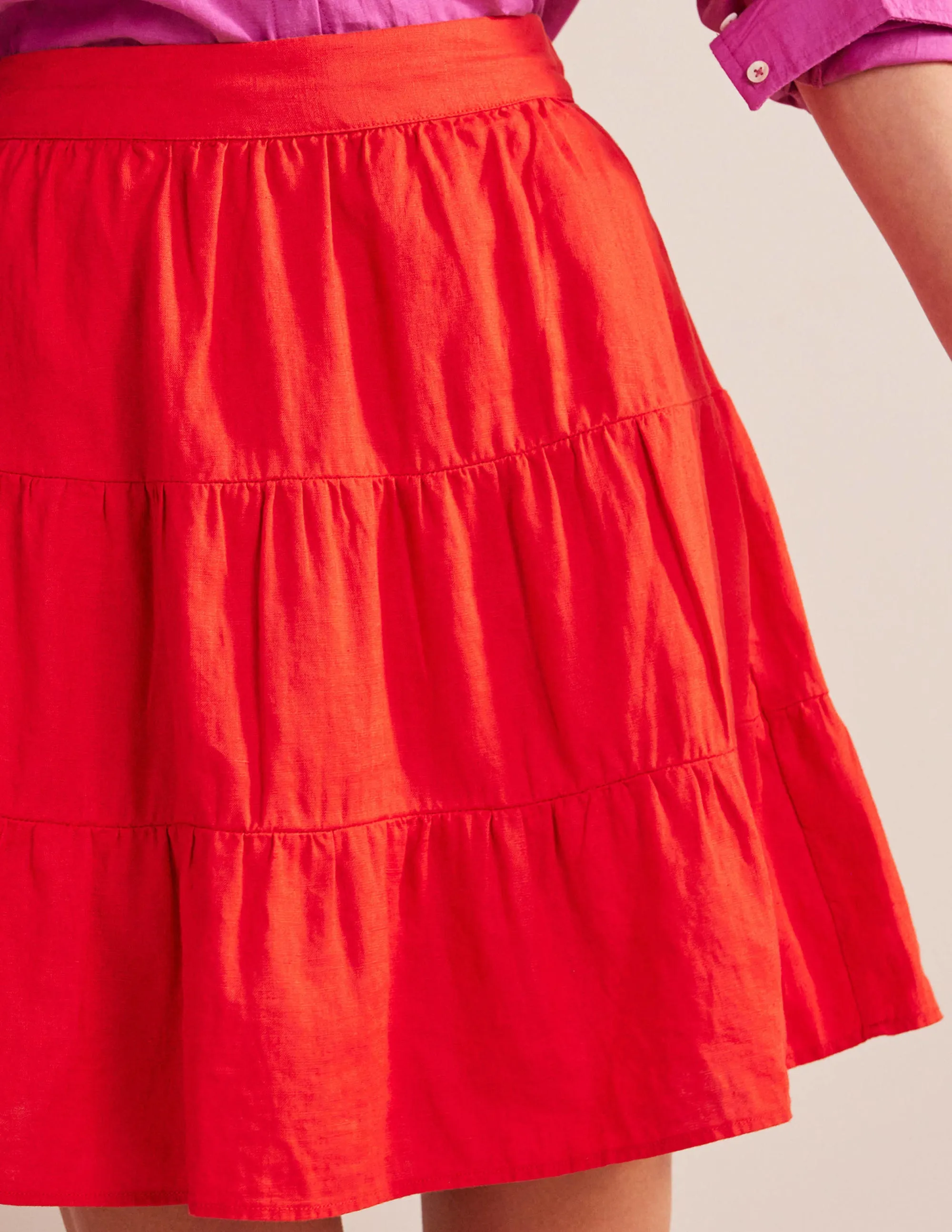 Pull On Tiered Linen Skirt-Vermillion Red
