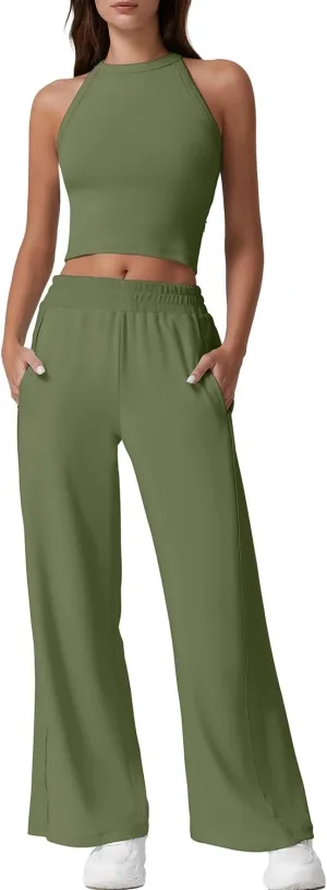 QINSEN Women's 2 Piece Sets Summer Ribbed Knit Crop Tank Tops Wide Leg Pants Sleeveless Tracksuit