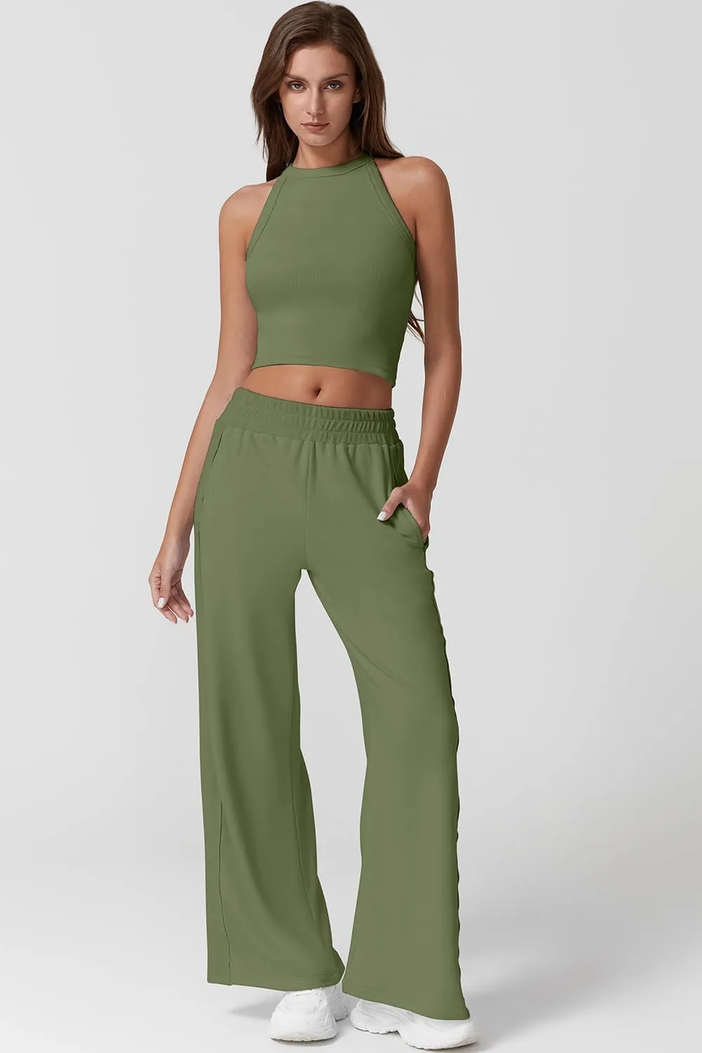 QINSEN Women's 2 Piece Sets Summer Ribbed Knit Crop Tank Tops Wide Leg Pants Sleeveless Tracksuit