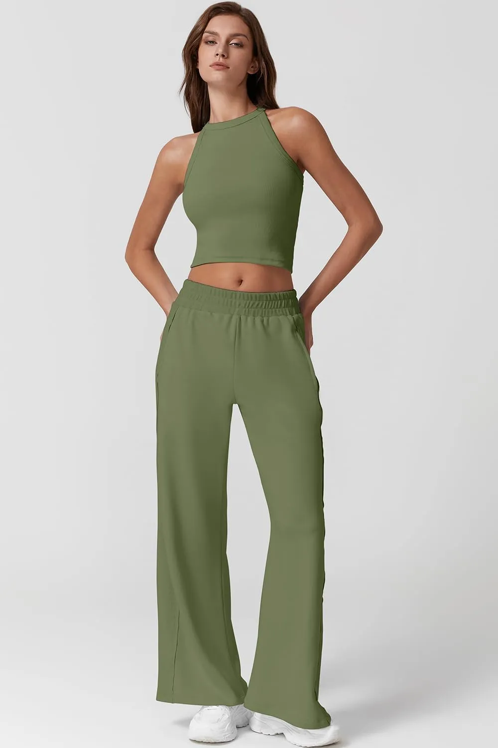 QINSEN Women's 2 Piece Sets Summer Ribbed Knit Crop Tank Tops Wide Leg Pants Sleeveless Tracksuit
