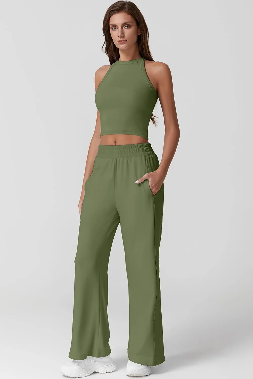 QINSEN Women's 2 Piece Sets Summer Ribbed Knit Crop Tank Tops Wide Leg Pants Sleeveless Tracksuit