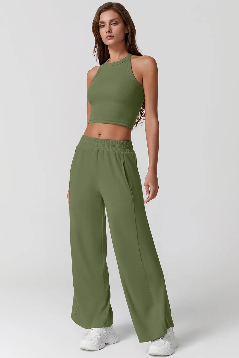QINSEN Women's 2 Piece Sets Summer Ribbed Knit Crop Tank Tops Wide Leg Pants Sleeveless Tracksuit