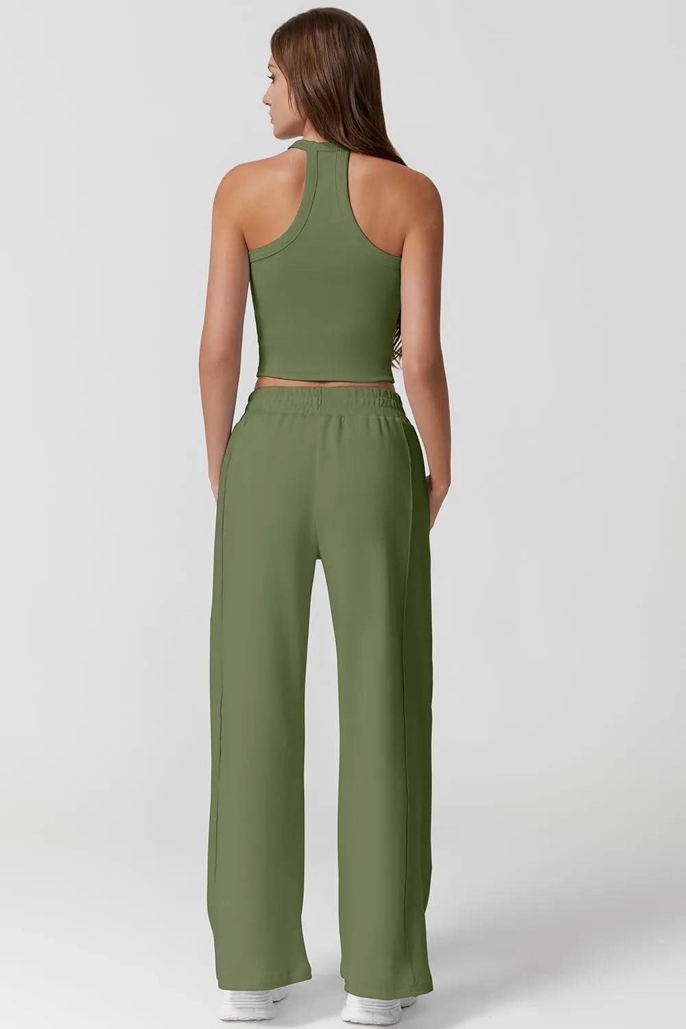 QINSEN Women's 2 Piece Sets Summer Ribbed Knit Crop Tank Tops Wide Leg Pants Sleeveless Tracksuit
