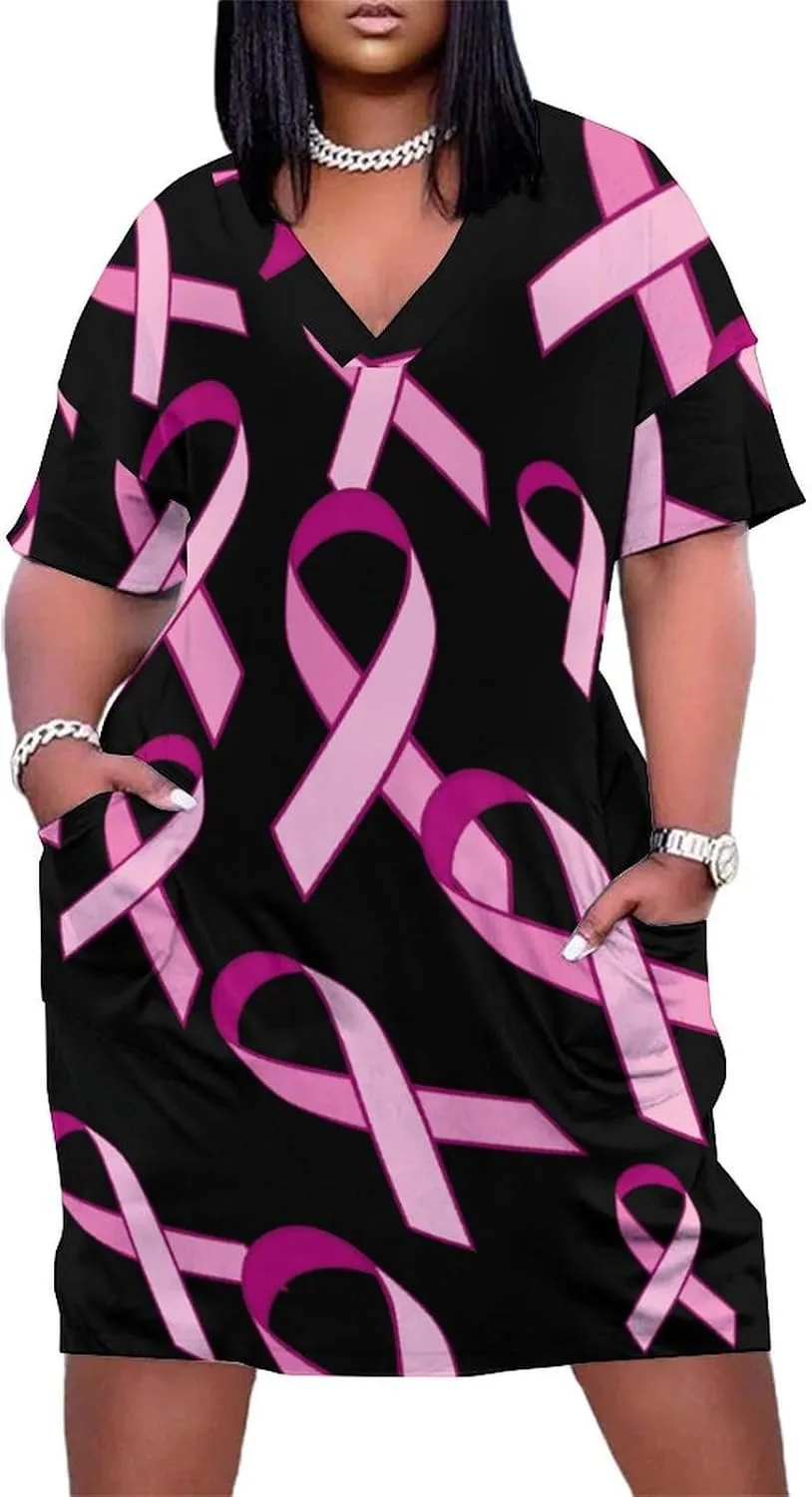 Ribbon Breast Cancer Awareness Women's Summer Dresses Beach Casual Loose Short Sleeve Sundresses with Pockets
