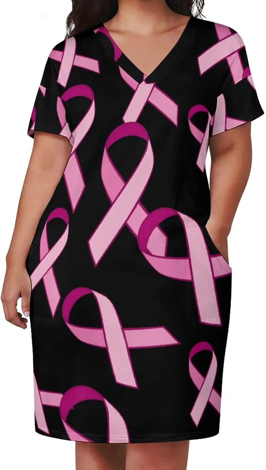 Ribbon Breast Cancer Awareness Women's Summer Dresses Beach Casual Loose Short Sleeve Sundresses with Pockets