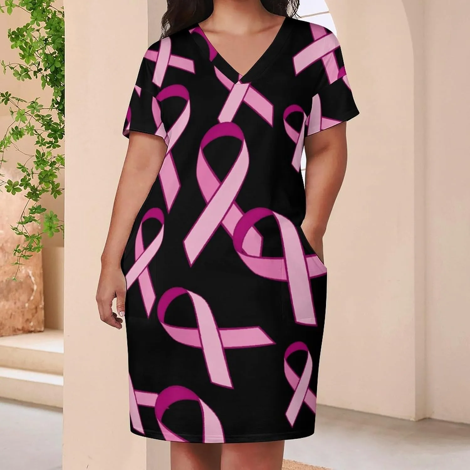 Ribbon Breast Cancer Awareness Women's Summer Dresses Beach Casual Loose Short Sleeve Sundresses with Pockets