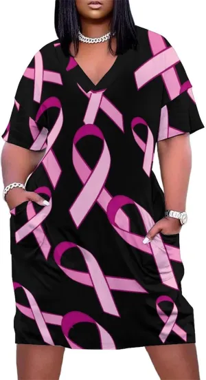 Ribbon Breast Cancer Awareness Women's Summer Dresses Beach Casual Loose Short Sleeve Sundresses with Pockets