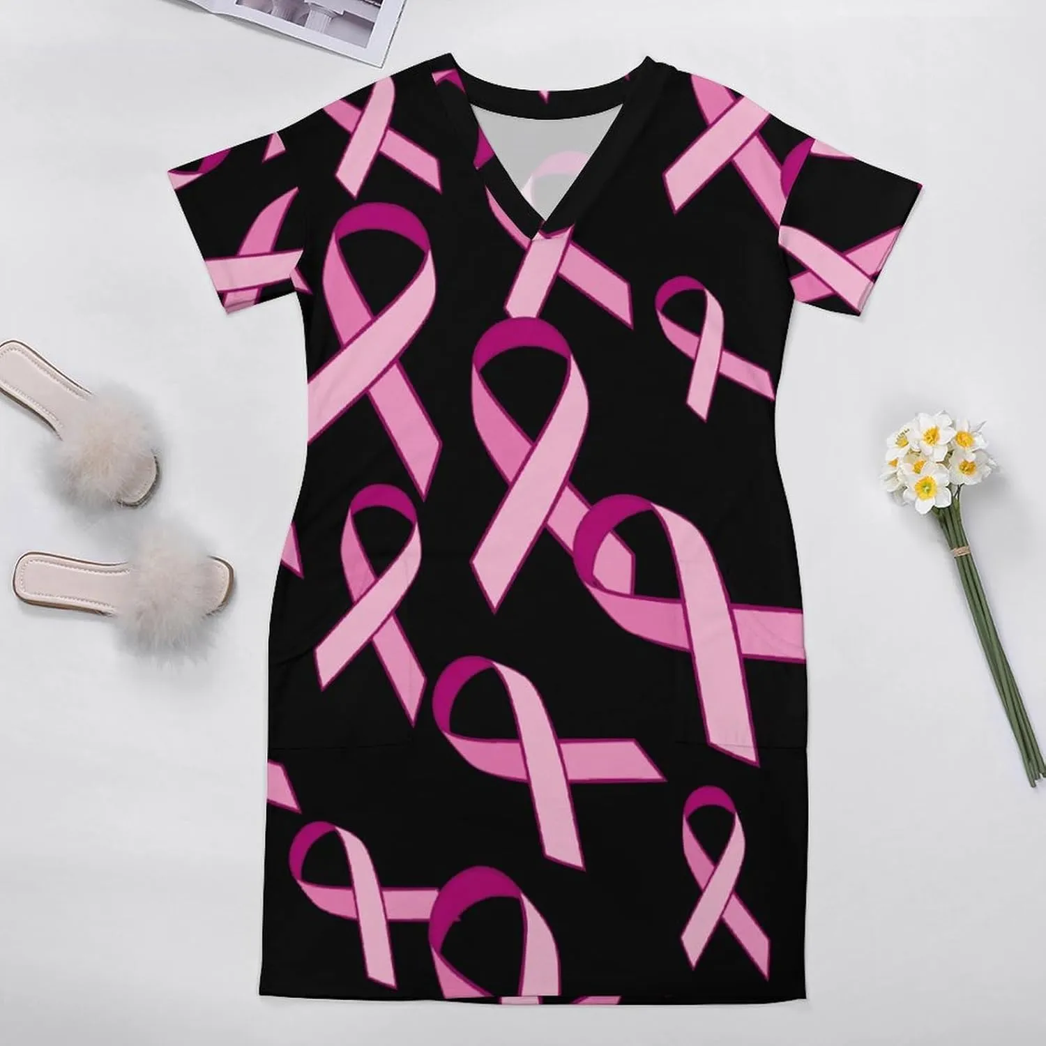 Ribbon Breast Cancer Awareness Women's Summer Dresses Beach Casual Loose Short Sleeve Sundresses with Pockets
